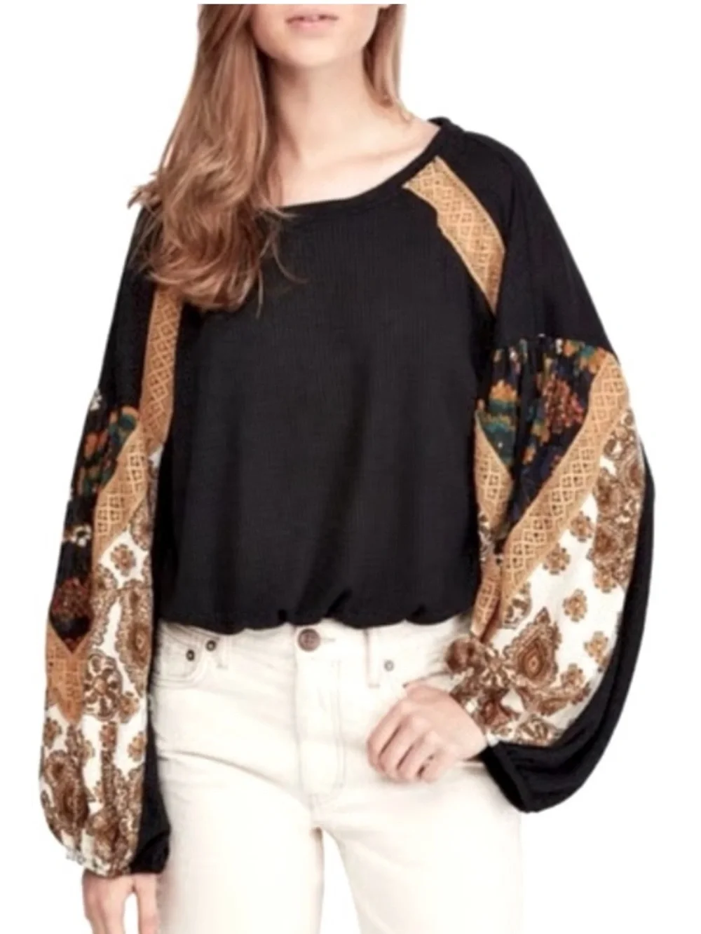 Free People Casual Clash Thermal Tunic Top Small Oversized Balloon Sleeve Boho S